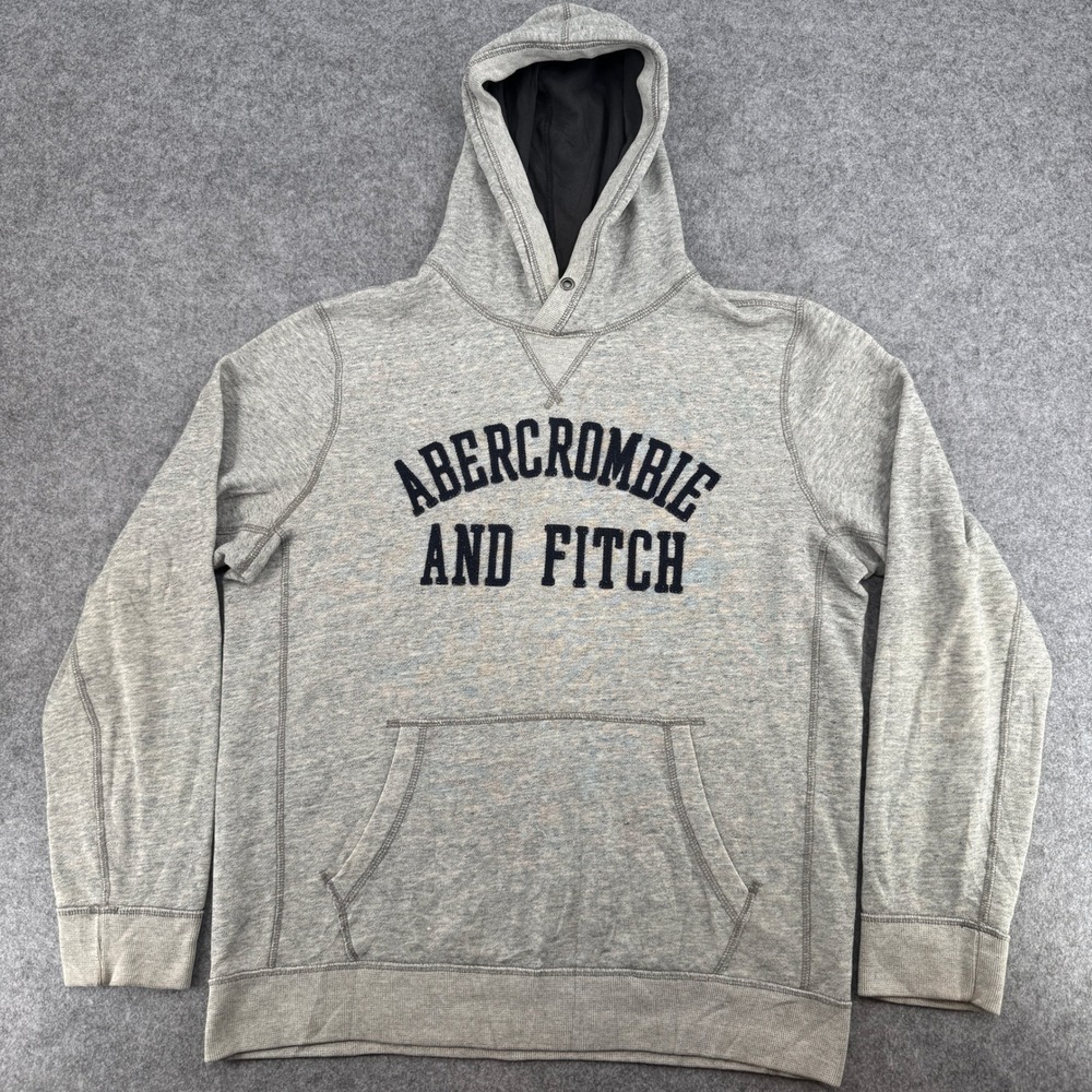 VTG Y2K Abercrombie & Fitch Hoodie Mens L Pullover Gray Logo Applique EUC